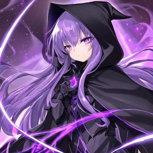 Prompt: Pitch black assassin cloak , crystal purple eyes, long sapphire hair ,galactic background, 8k, female, smoke from cloak