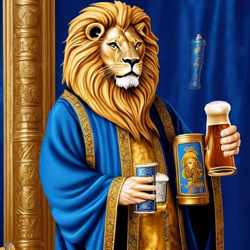 Prompt: regal lion with flowing mane in a royal blue and gold robe drinking from a stein of beer