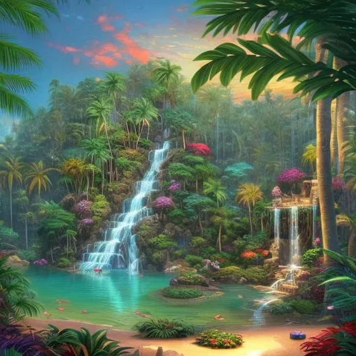 Prompt: A photo of a tropical waterfall in the middle of the ocean, with tropical trees around it.   The waterfall points down to a small pond, in front of the pond is a small sand dune with a single king chair in the sand.  Thomas kinkade style with a lot of light