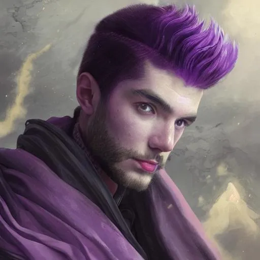 Prompt: Portrait of a 28 year old male aasimar sorcerer with purple hair and with cute face, perfect composition, hyperrealistic, full shot, super detailed, 8k, high quality, trending art, trending on artstation, sharp focus, studio photo, intricate details, highly detailed, by greg rutkowski