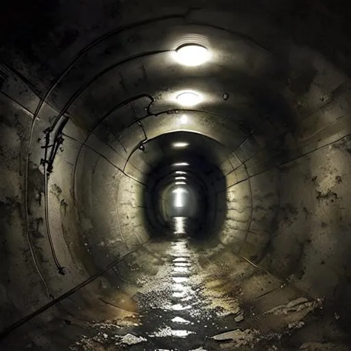 Prompt: dark underground round sewer tunnel with water puddles interior