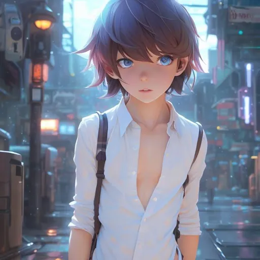 Prompt: full body shot, a cute boy, smooth soft skin,showing entire chest, big dreamy eyes,revealing clothing,beautiful light blue colored hair, revealing clothing, wearing very short pants,symmetrical, anime wide eyes, soft lighting, detailed face, by makoto shinkai, stanley artgerm lau, wlop, rossdraws, concept art, digital painting, looking into camera