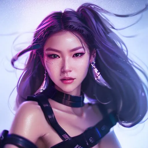 Prompt: A half body photograph of Korean American woman wearing a psylocke outfit looking at the viewer, fantasy, medieval, vivid colors, elegant, concept art, sharp focus, beautiful face, digital art, Hyper-realistic, 4K, Unreal Engine, Highly Detailed, HD, Dramatic Lighting by Brom, trending on Artstation