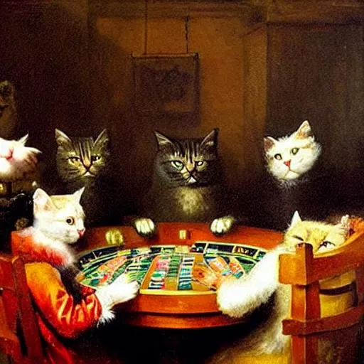 Prompt: paint me a picture of cats sitting playing poker in the style of rembrandt van rijn

