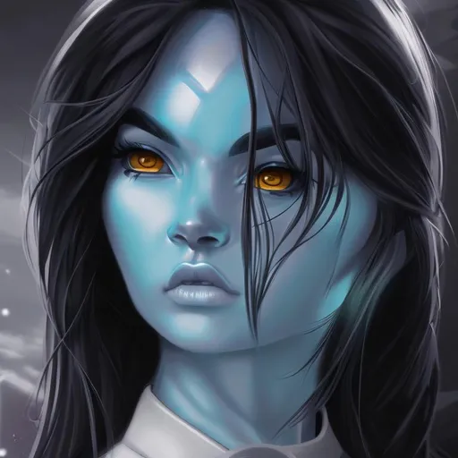 Prompt: portrait of an beautiful alien woman, light blue skin, red eyes, black hair, authority figure,  Star Wars Expanded Universe, highly detailed portrait, digital painting, artstation, concept art, smooth, sharp focus illustration, Artstation HQ