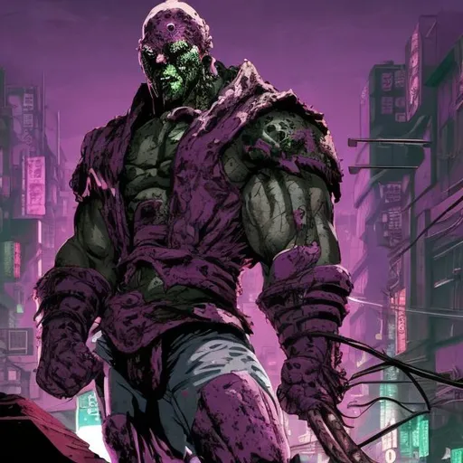 Prompt: muscular face-masked villain called BlisterFist. Blood spatters. Very Dark image with lots of shadows. Background partially destroyed neo Tokyo. Noir anime. Gritty. Dirty. Purple and green Neon accents. Armour