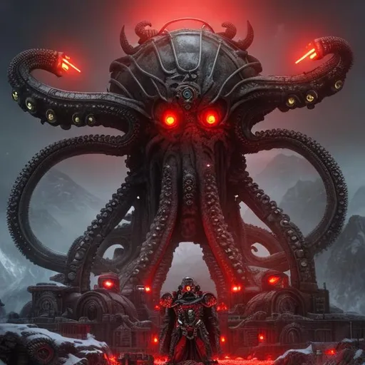 Prompt:  military, soldiers, snow, mountains, biological mechanical war machine, eyes, teeth, octopus, red lights, red neon lighting, dark fantasy art style, propaganda, giant monuments, statue, tyrant, dictator, evil, dystopian 