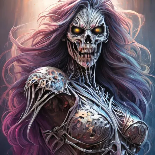 Prompt: Skeletal zombie unicorn, rainbow colours, sparkling eyes, embers in her eyes, shining eyes, sharp features, flowing fiery mane, highly detailed, digital painting, artstation, concept art, smooth, sharp focus, beautiful mane, expressive eyes, illustration, art by Artgerm and greg rutkowski and alphonse mucha