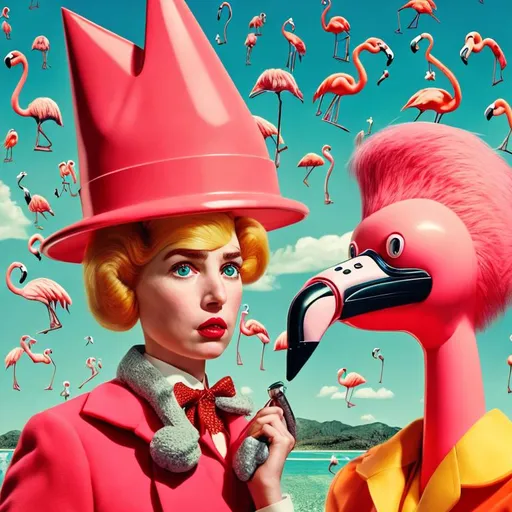 Prompt: Surrealistic portrait of a woman. A Wes Anderson and dr suess mashup. A surreal flamingo, a safety cone and a 1960s telephone