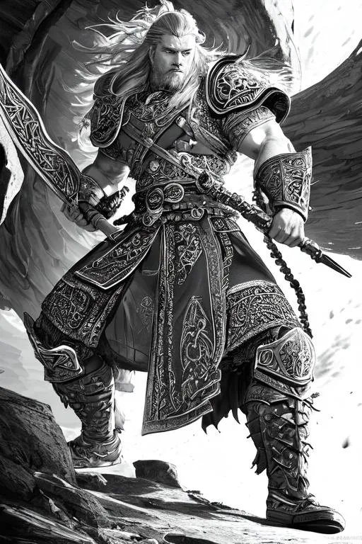 Prompt: masterpiece intricate hyperdetailed elaborate 1 male viking, dynamic action pose,

masterpiece intricate hyperdetailed elaborate scene looking from below, full body visible,

colorful contrast pencil sketch, colorful thick and hard pencil strokes outlines,

semi-monochrome,

cinematic light, very strong wind,

album cover art, 128K resolution, masterfully crafted, hyperdetailed 2D vector concept art picture, vector, illustration, character concept, 2D fantasy concept art style, heroic fantasy art, colorful, rich deep color, contrast color,

WLOP, Greg Rutkowski, Carne Griffiths, Conrad Roset, Huang Guangjian, CGSociety, ZBrush Central, Victo Ngai,