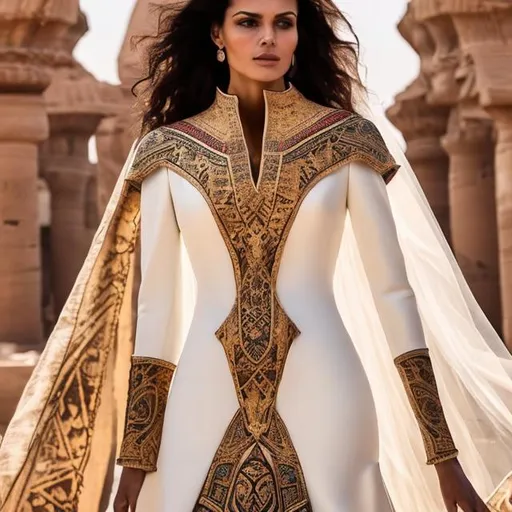 Prompt: A women's wedding dress with heritage and pharaonic inscriptions, black in color and golden pharaonic inscriptions, mixed with a modern cut, worn by a beautiful woman