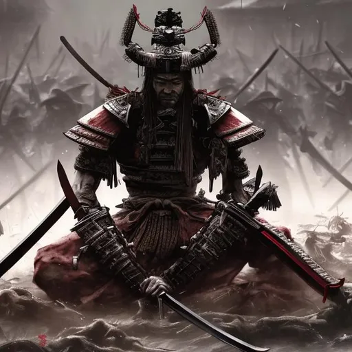 Prompt: Hyper realistic image of a samurai sitting on pile of enemy corpse holding katana 