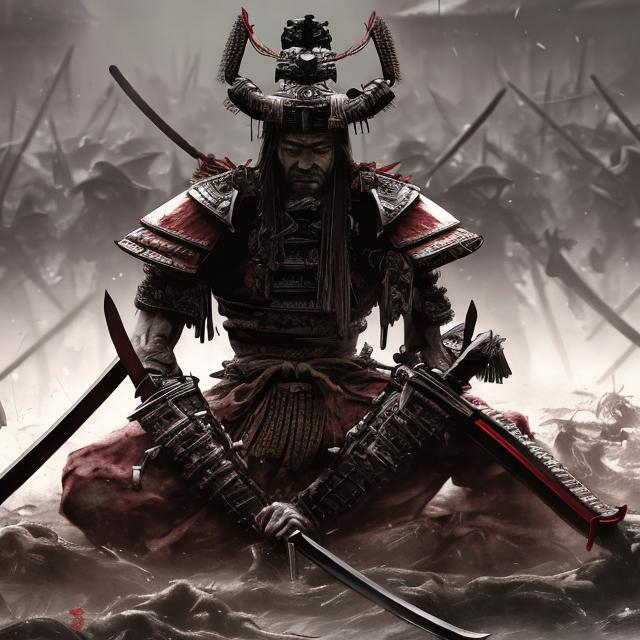 Hyper realistic image of a samurai sitting on pile o...