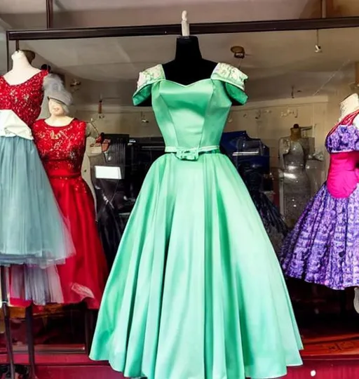 Prompt: photo of a traditional 1950's high school prom dress on a mannequin, traditional 1950's window display 