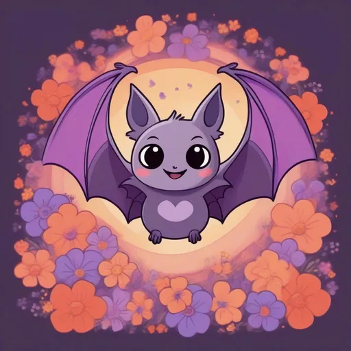 Prompt: a cute cartoon bat surrounded by flowers with purple orange skies and rainbows similar to studio ghibli