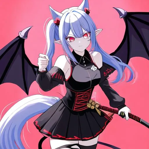 Prompt: Haley  as a demon (multi-color hair) (multi-color eyes)(she has horse ears) holding a katana, fighting, in a gunfight, bullets flying, fighting in a rural area, angry, demon tail, demon wings