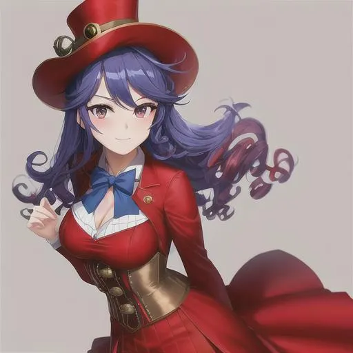 Prompt: adventurer, stylish red dress and elaborate hat, blue curly styled hair, closeup, steampunk