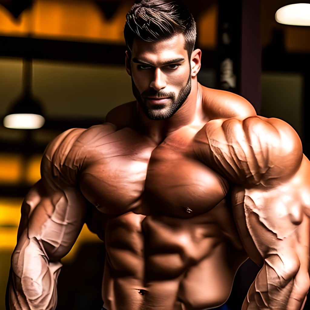 Handsome giant hyper muscular bodybuilder packed wit