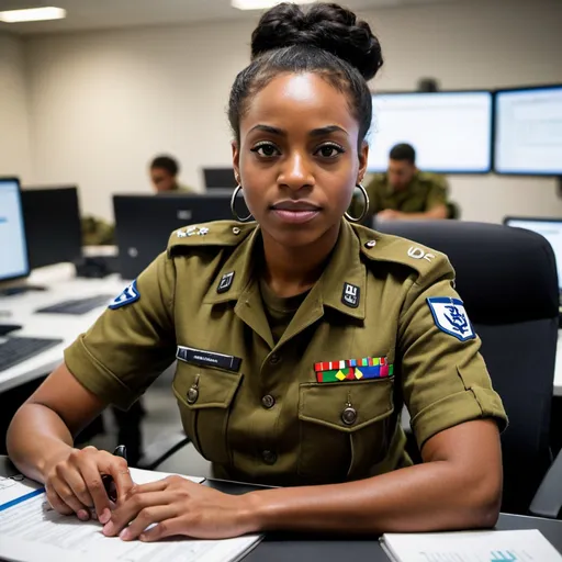 Prompt: black female IDF soldier working on Devops