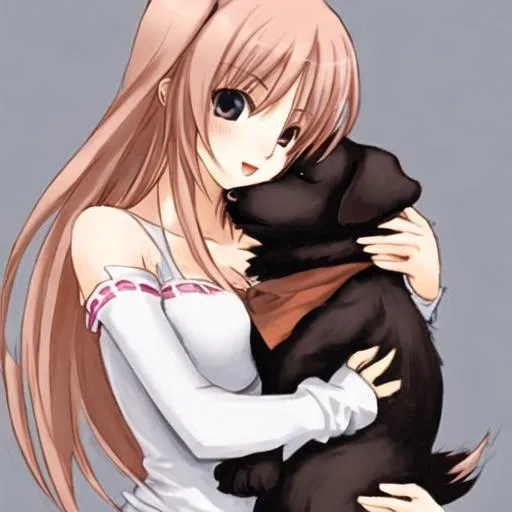 anime girl hugging wolf