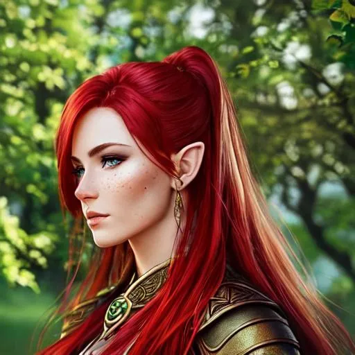 Prompt: an attractive beautiful female Elf Celtic Warrior dressed in well oiled leather standing in a field with ultra realistic Red hair and Ultra realistic Green eyes, realistic dusky complexion with  heavy freckles, beautiful body, muscular body, fantasy character portrait, ultra realistic, concept art, intricate details, studio lighting, symmetrical, ideal human, ultra details, super detailed, 64k, detailed body, full body, detailed tattooed realistic Beautiful face, looking into the camera smooth, sharp, focus; illustration, golden ratio.
