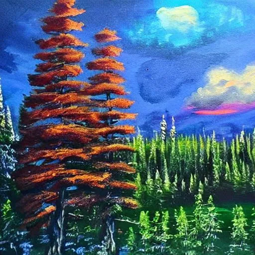Prompt: painting, forest at night, sunset, trees over horizon, spruce trees, beautiful clouds

