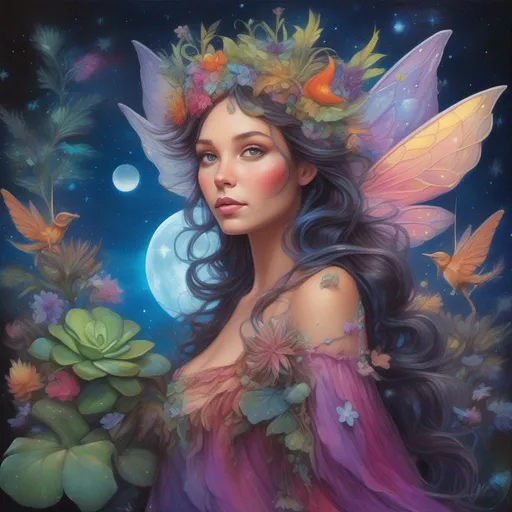 Prompt: A vibrantly and brightly coloured and colourful and beautiful head to toe Persephone as a fairy with iridescent fairy wings; with succulent, feathers and gems in her brunette hair. In a beautiful flowing dress made of plants. Surrounded by tiny fairies and clouds, in a painted style in a hyperrealistic Disney style framed by the constellations and the moon