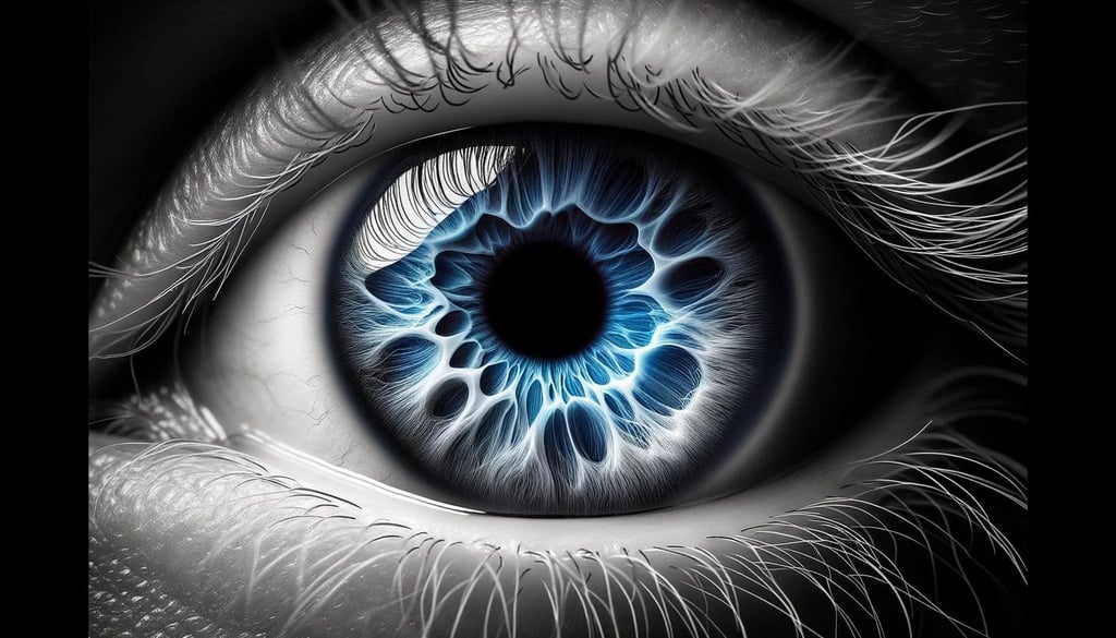 Prompt: Distinctive black and white photo capturing the detailed essence of a human eye. The center of this monochrome image showcases a vivid blue ring within the eye, standing out prominently and giving the image an ethereal and surreal appearance.
