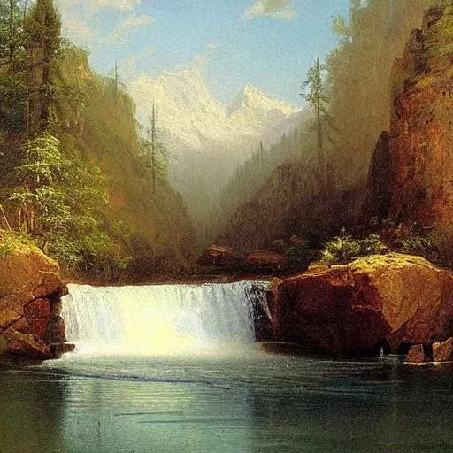 Prompt: Waterfall, landscape,  artwork by Albert Bierstadt  and 
Ivan Shiskin