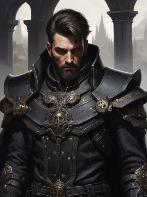 Prompt: ((Full-body)) oil painting of a male Warhammer 40k sanctioned psyker, (short thick brown hair), (styled full brown beard), worry lines, highly detailed piercing {brown eyes}, oil painting, intense gaze, wh40k, dark black clothing, painterly, painted, dark black gunmetal hi-tech psyker light armor, psyker epaulets, dark black gunmetal 40k psyker hi-tech gear, ((psyker)), Caucasian, (up-lit {up lit} {under lit} under-lit face), epic confident standing pose, {black duster trench-coat}, {black caped greatcoat}, {black military gaiters}, {black heavy-sole boots}, {black gloves}, {matte black psyker hi-tech (chest armor)}, highly detailed background, 40k imperium of man high gothic architecture background, Warhammer 40k, highly detailed facial features, soft art style, soft highlights, soft shadows, impressionist brushwork, {proportionate normal-sized forehead}
