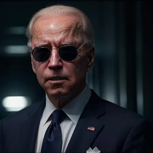 Prompt: Professional wide-angle full body shot of President Joe Biden, center frame, he takes his sunglasses off, freeze frame, he becomes Dark Brandon!!! His eyes light up RED!!!, super hero!!! high quality, super detailed, Cinematic, hyper-realistic, dramatic lighting, HQ, 8K, No duplicates 