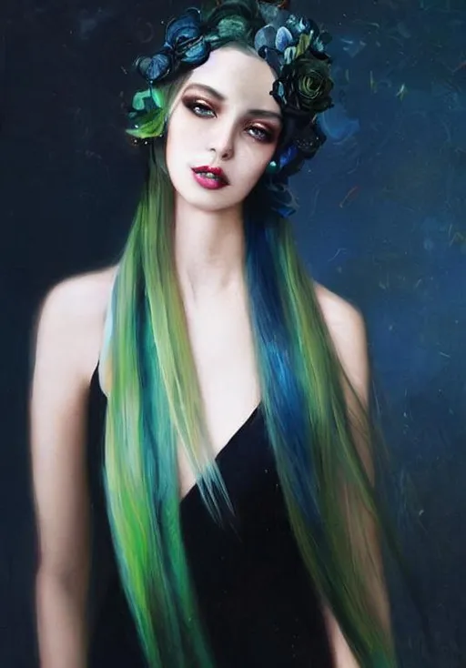 Prompt: A beautiful woman, beautiful face, stunning snake green eyes, ombre gradient green hair, delicate dress made of gradient iridescent snake scales details by pino daeni, tom bagshaw, Cicely Barker, Daniel Merriam, intricate details by Andrew atroshenko, James Jean, Mark Ryden, charlie bowater, WLOP, Jim burns, esao Andrews, Megan duncanson, beautiful portrait , very detailed, high definition, crisp quality, cinematic smooth, cinematic lighting, ultrarealistic, crispy focus 