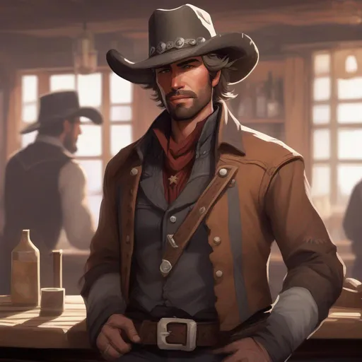 Prompt: DND a male western cowboy with short messy brown hair with grey streaks and stubble in a saloon