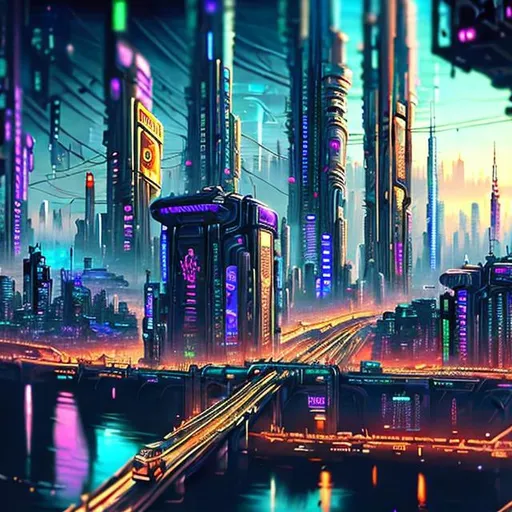 Prompt: ((best quality)), ((masterpiece)), intricately detailed, cyberpunk, futuristic city, night city, neon, train, floating cars, skyscrapers