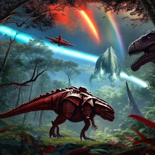 Prompt: A red space ship taking off during the time of the dinosaurs, in a forest, sunlight through the trees, t-rex attacking the space ship, rainbow in background