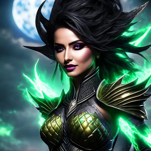 Prompt: High-resolution hyperrealistic image of shiar-cal'syee-neramani-deathbird merged with skrull-empress-veranke, {{green-skin}}, pointed-ears, feathered-hair, marvel-comics, photorealistic, uhd, hdr, 64k