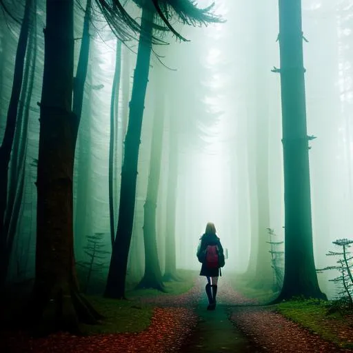Prompt: A teenage girl walking in creepy forest at morning, with fog, cable car, in the limbo, Silent Hill inspired.