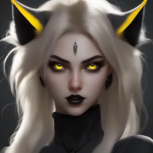 Prompt: An evil, full body pose , (demon) girl, evil facial expression, (black sclera eyes)(hyperrealistic face, hyperrealistic eyes, hyperrealistic nose, hyperrealistic lips), evil facial expression, (black sclera eyes), black sclera, yellow cat eyes, big gray lynx ears, big (wide {blonde} {spiky} fluffy) extra very long hair, (fringeless), {blonde} hair, (no fringe), (forehead visible), pale skin, sharp jaw, black latex leotard, hyperrealistic face, hyperrealistic eyes, hyperrealistic nose, hyperrealistic lips, ethereal, divine, goddess, intricate facial details, intricate eye detail, black latex leotard suit, fighting pose, attack, oncept art, high resolution scan, hd octane render, intricate detailed, highly detailed face, unreal engine, trending on artstation, UHD, 8k, Very detailed