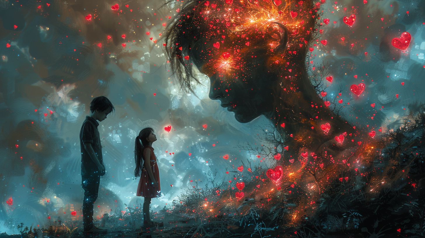 Prompt: A little girl, utterly enamored, stands beside an extraordinary young man. Her eyes overflow with red hearts, bursting from her skull like vibrant fireworks.