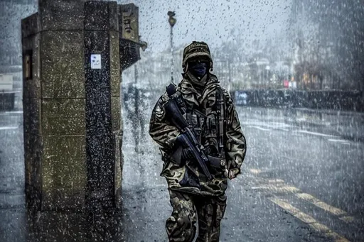 Prompt: HDR, professional, 8k, best version, masterpiece, army soldier wearing 
 black mask and black camo
 standing in the rain