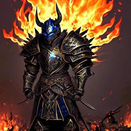 Prompt: black and blue armour warrior with covered helmet and horns surrounded by corpses and fire at night with wolf stood next to him with gold helmet and gloves