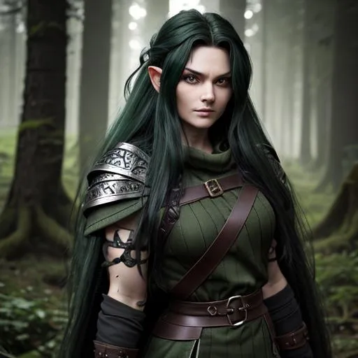 Prompt: female viking gnome (dark greenish black flowing mane-like hair) (dark green eyes), cunning look, mature eyes, druidic vibes, forest leaves, nature, fighter, sword, smirking