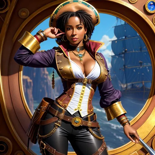 Prompt: Female African descent steampunk inventor, High-resolution hyper realistic painting of {steampunk ebony, highly detailed, short hair, fit body, abs}, full body shot, heroic, real, alive, real skin textures, fan service pose, uhd, hdr, 64k, epic scene, sharp edges, dressed as a pirate, wearing pants, expressive amused lips. Little smile. Clean. Intricate details.