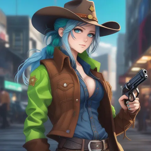 Prompt: She has a long, distinctive neon-green that fades to neon-blue hair in a ponytail, heterochromia eyes, wearing a long brown coat, grey vest, denim pants, black cowboy boots, holding a pistol, wearing a brown sheriff's cowboy hat, 8k, UHD, heavily detailed, anime style
