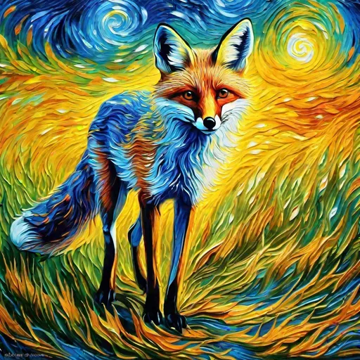 Prompt: (masterpiece, Van Gogh painting, best quality:1.5), portrait of an illusory fox, made of {blue fire}, illusion, growling, glaring at viewer, global illumination, psychedelic colors, highly detailed face, beautiful detailed eyes, beautiful defined detailed legs, beautiful detailed shading, slender, highly detailed body, lightning storm, body crackling with lightning, billowing wild flaming fur, blue magic fur highlights, fire element, {auroras} fill the sky, on a purple mountain peak, fine brush strokes, detailed brush strokes, thick soft texture, richly blended colors, crackling lightning, lightning charged atmosphere, full body focus, beautifully detailed background, (trending on artstation), cinematic, 64K, UHD