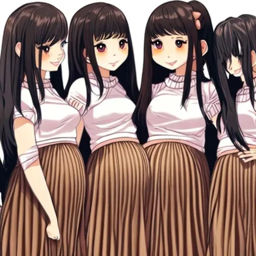 Prompt: There are multiple pregnant anime girls who are all wearing brown pleated long skirts. The hair of the anime girls are long and straight.

The pregnant anime girls are holding their baby bumps.
