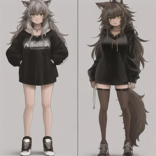 Prompt: Full Body View, furry, brown, adult wolf girl, with messy hair, a necklace, wearing a hoodie dress, with black stockings and white sneakers