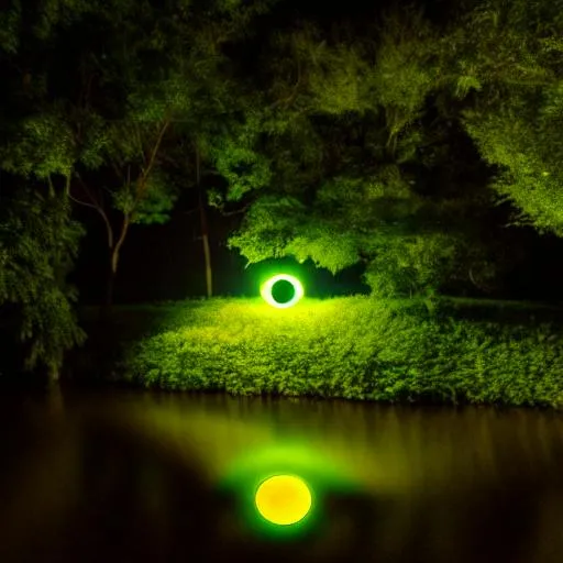 Prompt: Photo of Green Sanctuary at night with a floating human eye peeking from clouds, soft lighting