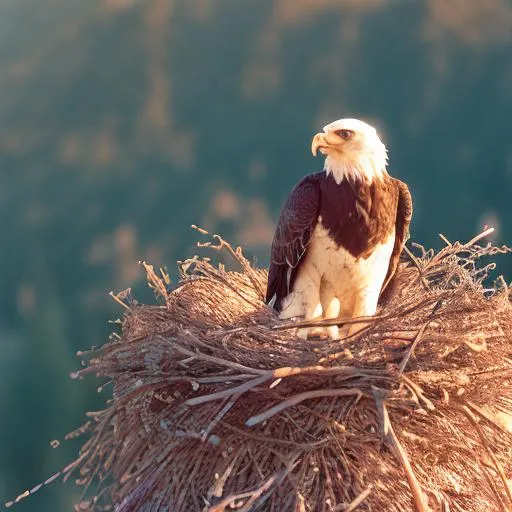 Prompt: an eagle sitting on top, in its nest, majestic, creative, ultrarealistic, cartoon