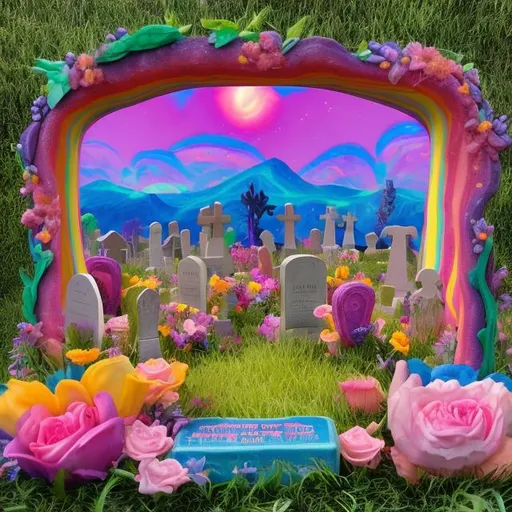 Prompt: Lisa frank style cemetery diorama